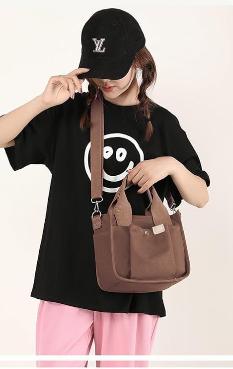 Image of Small Canvas Tote Bag with Zipper, Canvas Multi-Pocket Crossbody Bag Purse Top Handle Satchel Handbags