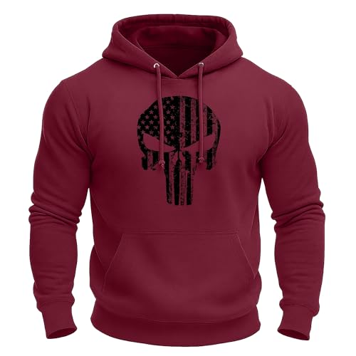 GYMTIER Skull USA - Men's Gym Hoodie - Training Bodybuilding Top, Burgundy, M