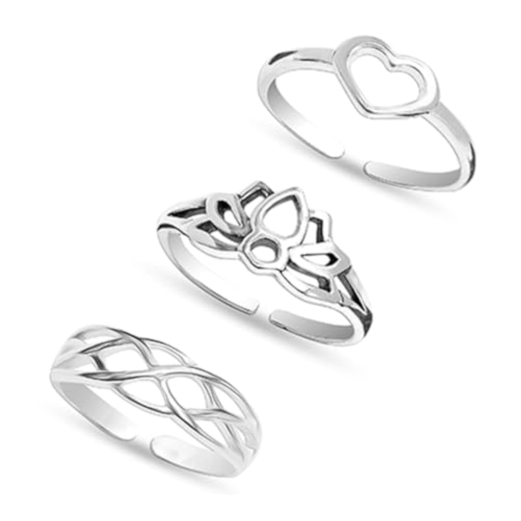 Women's 925 Sterling Silver Hallmarked Adjustable Toe Ring Set of 3