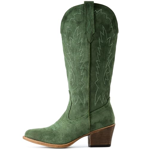 Image of IUV Suede Cowboy Boots For Women Chunky Heel Pointed Toe Cowgirl Boots