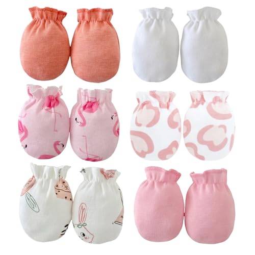 PandaEar 6 Pairs Newborn Baby No Scratch Mittens, 100% Cotton Elastic Wrist Gloves for baby Girls 0-6 Months