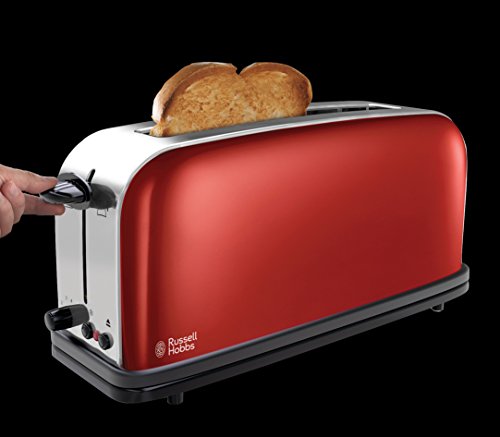 Russell Hobbs Toaster [Langschlitz für 2 Scheiben / 1 breite Brotscheibe] Colours+ Edelstahl Rot (extra breite Toastschlitze, inkl. Brötchenaufsatz, 6 Bräunungsstufen + Auftaufunktion, 1000W) 21391-56 5