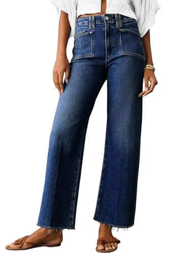 Cicy Bell Womens High Waisted Cropped Jeans Trendy Stretchy Baggy Straight Leg Raw Hem Capri Denim Pants Navy
