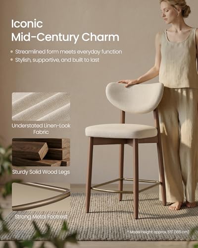 Image of VASAGLE Wooden Bar Stools Set of 2, Linen-Look Fabric, Cappuccino Beige | Barstools with Solid Wood Legs, Ergonomic Backrest, Mid Century Modern, for Kitchen Island, Linen-Look Fabric