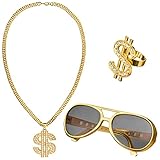 Balinco ZUHÄLTER KOSTÜM SET, Goldene Dollar- Kette & Ring, Brille, Pimp 70er, 80er, 90er Jahre Outfit, Cooler Look für Karneval, Fasching Accessoires, Mottoparty