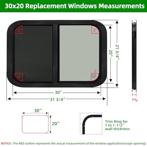 Image of 30 inchW x 20 inchH RV Windows for Cargo Trailer Camper,Tinted Horizontal Sliding | RV Cargo Trailer Camper Window Replacement w /Screen&Trim Ring,Fit 15 /16 inchor 1-3 /8 inch Thick Wall,Allow Error 1 /16 inch,DOT Approved