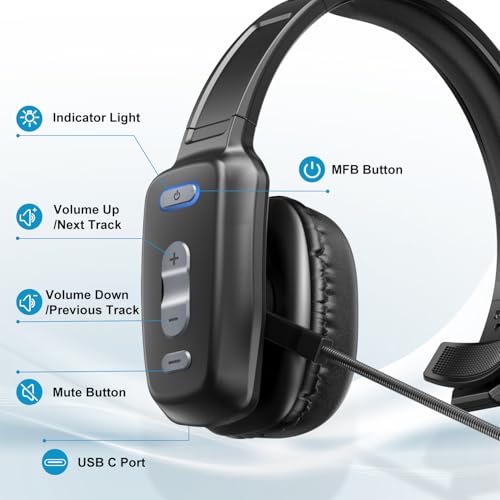 Image of Bluetooth Headset, 60hrs Noise Canceling V5.2 Over Head Headphones, Single Ear Trucker Wireless Headset with Mic, Mute Button, Multipoint, for Phones PC Computer Truck Driver Office Work - Slate