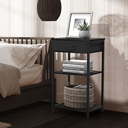 Small Printer Stand 3 Tier Printer Table For Home Office Printer Shelf With Storage Fax Printer Organizer Rack For Desk Side Shelf Stand Modern Black Nightstand With Drawer For Bedroom Living Room #TOP6
