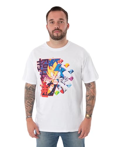 Sonic The Hedgehog Mens T-Shirt | White Super Sonic Diamonds Graphic Tee for Adults | Short Sleeve Nostalgic 90s Gamer Apparel | Lightweight Short-Sleeve Top | Retro Sonic Artwork Game Gift for Him