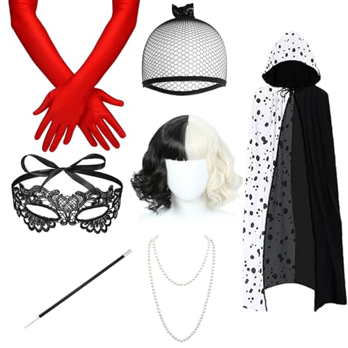 Cruella Devil Lot de 7 costumes Cruella pour femme - Costume de cosplay Devil avec cape Cruella, perruque, masque, colliers de perles, gants, porte-cigarette -...