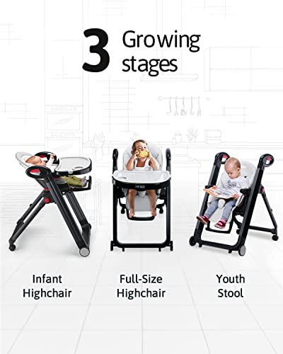 Heao 4-In-1 High Chair For Babies & Toddlers, Foldable Highchair With 7 Different Heights,5 Reclining Seat Position And 3-Setting Footrest, Detachable Trays & Seat Cushion, 4 Wheels With Locks #TOP2