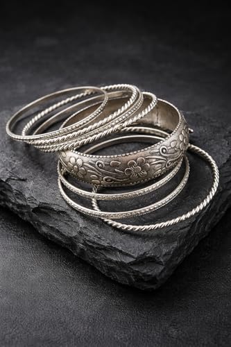 Oxidised Silver Bangles Set for Women | Boho Floral Engraved Wide...