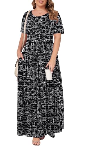 Image of KARALIN Women Plus Size Maxi Dress Short Sleeve Round Neck Loose Fit A-Line | Plus Size Long Dress,Summer Casual Maxi Dresses,Short Sleeve,Side Pockets,Round Neck,Elastic Waist,14 Plus - 26 Plus