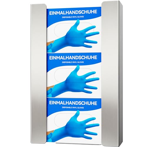 Edelstahl Handschuhhalter Wand (3 Boxen) – Gebürsteter Handschuhspender für Einweghandschuhe – Handschuhhalterung Wand für Nitril, Latex, Vinyl – Wandhalterung mit Schrauben oder Klebemontage