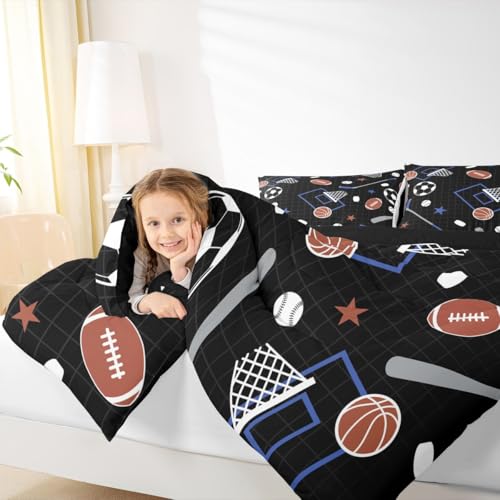 Image of Feelyou Ball Sport Comforter Set Queen Size Basketball Foorball Bedding Set for Kids Boys Girls Black Blue Duvet Quilt Sport Theme Bedroom Decor Microfiber 3 Pcs with 2 Pillow Cases