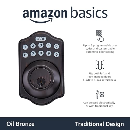 Amazon Basics Electronic Keypad Deadbolt Door Lock with Touch-Control Keyless Entry, Keyed Entry Option, Traditional, Oil Bronze, 1-Pack view 2