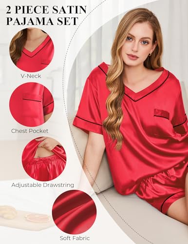 Image of Silk Pajamas for Women Short Sleeve Satin 2 Piece Pj Set Soft V Neck Sleepwear Loungewear, S-XXL