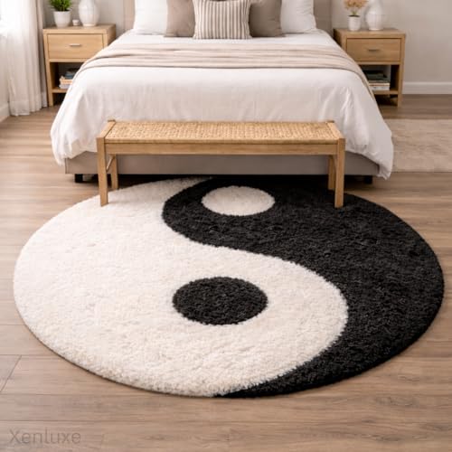 Image of Ultra Soft Plush Shaggy Polyester Round Area Rug for Kids Playroom Nursery Bedroom and Safe Indoor Play Spaces - (Yin Yang, Round, 4x4 feet)