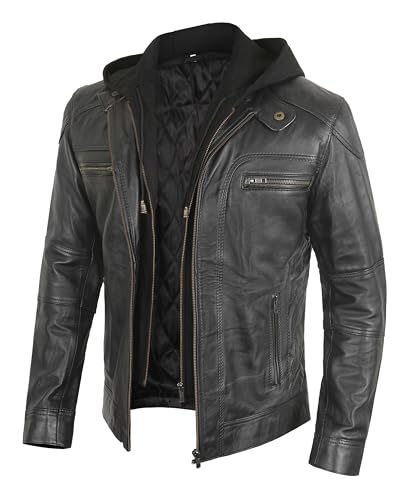 Mens Black Leather Jacket with Removable Hood - Real Lambskin Leather Motorcycle Jacket3