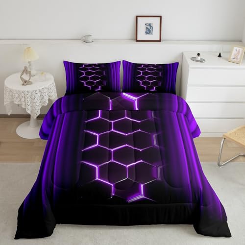 Abstract Ombre Comforter Set Twin Size Honeycomb Bedding Set Decor Purple and Black Geometric Comforter Room Decor Modern Fashion Quilt Set 2Pcs with 1 Pillowcase