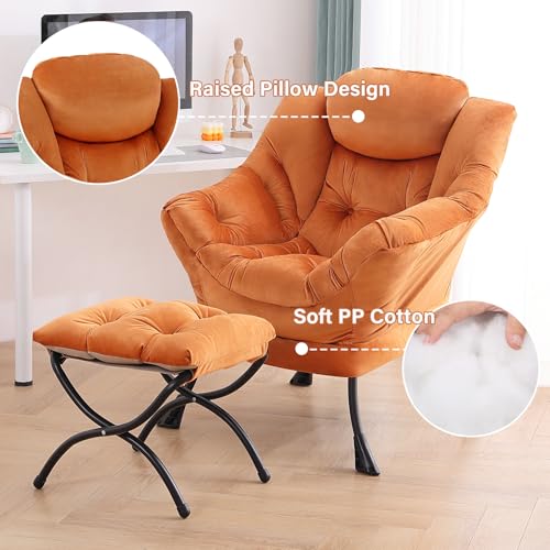 Image of Tiita Lazy Chair with Ottoman, Orange Modern Large Accent Armchair, Comfy Leisure Sofa Reading Chair with Footrest for Bedroom, Living Room, Dorm Rooms, Garden, Velvet Orange