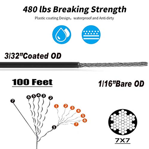 Byshun Outdoor Lights Hanging Kit,Globe String Light Suspension Kit,100Ft Black Vinyl-Coated 304 Stainless Steel Guide Wire Cable,Include Wire Rope Tension Turnbuckle And Eye Hooks #TOP1