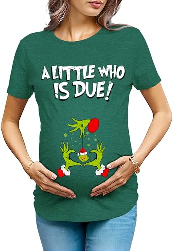 OCURHU Christmas Maternity Shirt for Women A Little Who is Due Shirts Cute Pregnancy Announcement Tshirt Green M