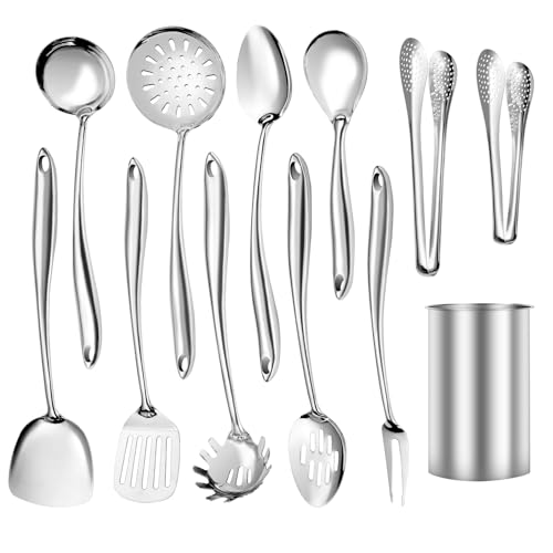 Juego de 12 utensilios de cocina de acero inoxidable 304, utensilios de cocina de acero inoxidable, utensilios de cocina de metal, utensilios de cocina duraderos (apto para lavavajillas)