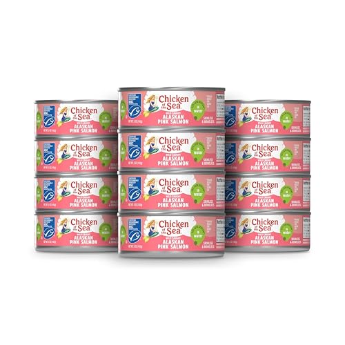 Chicken of the Sea Alaskan Pink Canned Salmon in Water with 25% Less Sodium, 5oz Cans, 12-Count – High Protein Skinless, Boneless Wild Caught Salmon – Delicious Wild Salmon for Burgers, Pasta, More