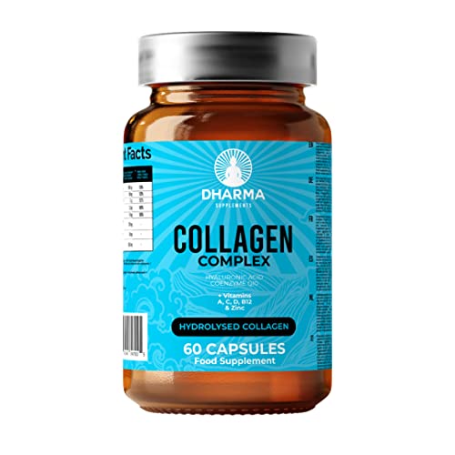 DHARMA Colágeno hidrolizado 100% Natural + Ácido Hialurónico + Coenzima Q10 + Vitaminas A, C, D y B12 + Zinc | Articulaciones Fuertes, Piel Tersa y Energía-60 cápsulas | No-GMO | Sin gluten y lactosa