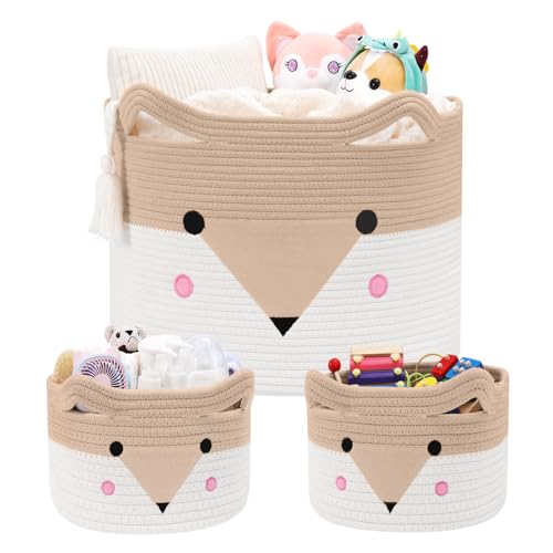 Image of AXHOP Large Baby Basket Toy Storage 3 Pack, (20"x13.8") Woven Baby Laundry Basket, Stuffed Animal Storage.