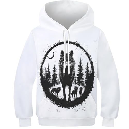 KHHKJBVCE Wolf Sudaderas con Capucha Unisex para Adolescentes Sudadera con Estampado Divertido En 3D para Niños Sudadera De Manga Larga con Capucha De Ocio con Bolsillo 13-15Y