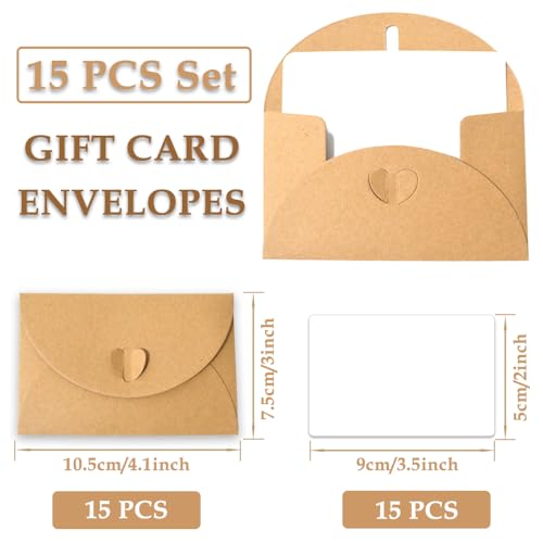 XFentech 15 Stück Mini Briefumschläge mit Karten - Vintage Mini Kraftpapier Umschläge Blanko Kärtchen Kleine Briefumschlägemit Herz Verschluss für Geschenkkarten DIY Dankeskarten Weihnachten