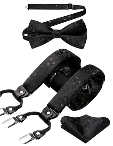 Image of HISDERN Suspenders for Men Paisley Floral Bow tie Suspender Pocket Square Sets Adjustable Y Shape 6 Clips Wedding Braces