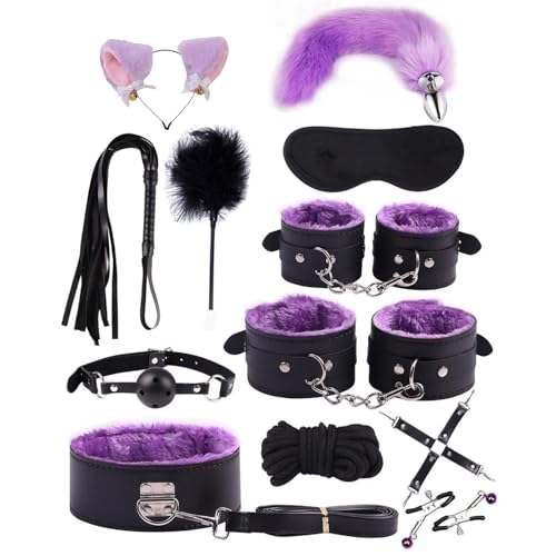 Image of 12 Pcs BDSM Kit, Bondage Restraints Set Anal Butt Plug Tail Cat Ear Nipple Clamps Blindfold Handcuffs Collar Paddle Sex Toys for Couple Purple&Black