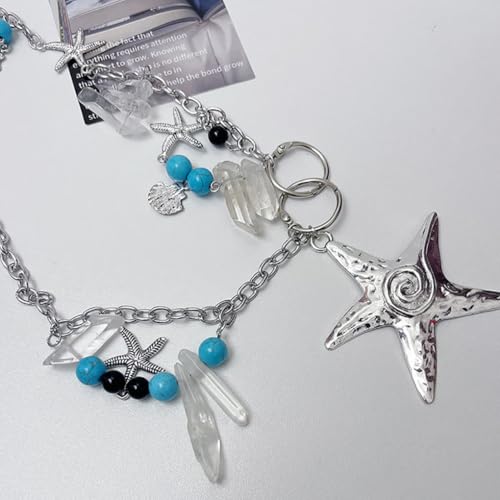 Generic Women Metal Belt Star Starfish Seashells Acrylic Beads Charms Marine Themed Waist Chain for Skinny Sweater Dress Pants Ladies Party Wedding Summer Beach, 115cm, silver3