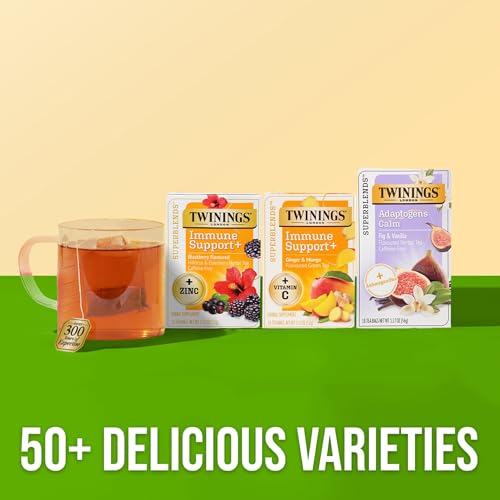 Image of Twinings Superblends Immune Support+ Herbal Tea with Vitamin C, Ginger & Mango Flavoured Green Tea, 16 Tea Bags (Pack of 6), Naturally Caffeine-Free, Enjoy Hot or Iced, 96 Teabags
