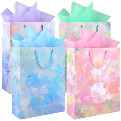 4 Large Gift Bags (16 x 12 x 5 inch), Gift Bags for Presents with Tissue Paper for Women Men Kids Sweetheart Teachers Birthday Wedding Party