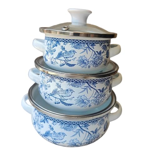 Set di 3 pentole smaltate con coperchio, fondo piatto, vintage, per stufato, zuppa, caffè, utensili da cucina portatili