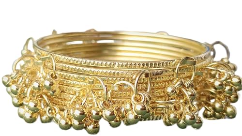 Image of JPS 16 Pcs Trendy Stylish Glass & Kashmiri Ghungroo Bangles Set for Women & Girls | Gold-Plated Traditional Festive Wedding Party Jewellery Chudi Set (12 Glass + 4 Metal)