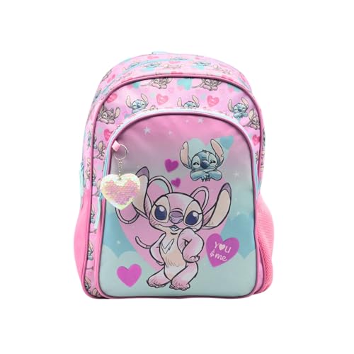 TOYBAGS Mochila Escolar Angel & Stitch - Doble Compartimento - CON ACCESORIO CORAZON - Compartimento portalaptop - Espaldera acolchada - 44.5 X 32 X 21 CM.