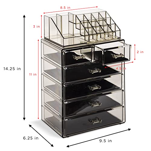 Image of Sorbus Acrylic Makeup Organizer Set, 6-Drawer Vanity & Countertop Cosmetic Storage with Small & Wide Compartments, Black-Tint Makeup Storage for Brushes, Jewelry - Holiday Gift for Women & Teens