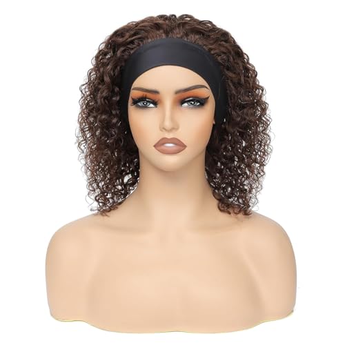 Image of XSY Chocolate Brown 4# Headband Wig Human Hair for Black Women Kinky Curly Glueless Brazilian Hair Machine Made None Lace Front Wigs 150% Density Headband Wig Half Wigs 150% Density (24inch)