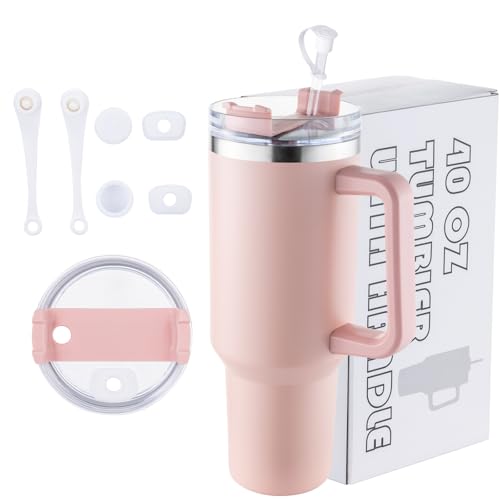 Xereizo 40 oz Tumbler with Handle and Straw, Leak Proof Stainless Steel Insulated Travel Coffee Tumbler Cups Lid and Straw, Iced for 40 Hours Cupholder Friendly Water Bottle Mug, Light Pink