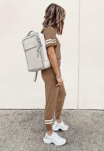 Image of PRETTYGARDEN Women Summer Two Piece Outfits Striped Short Sleeve Pullover and Long Pants Tracksuit Travel Pajama Lounge Set