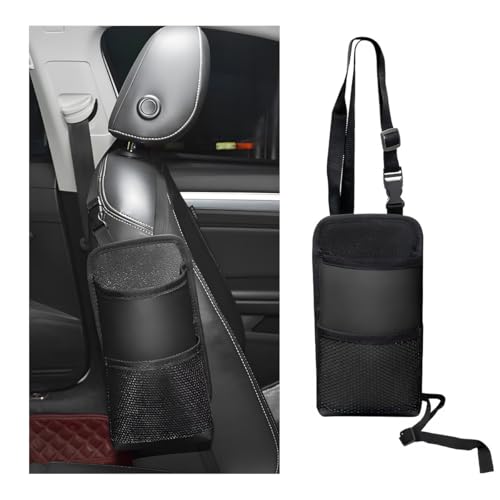 Yourkar 2 in 1 Large Cup Holder, Multifunctional Car Water Bottle Holder Bag with Adjustable Strap, Vehicle Seat Side Storage Hanging Bag with Mesh Pocket, Car Accessories (Black)