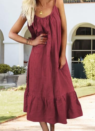 Image of chouyatou Women's Cotton Linen Spaghetti Strap Beach Dress Casual Loose A-Line Midi Long Sundress