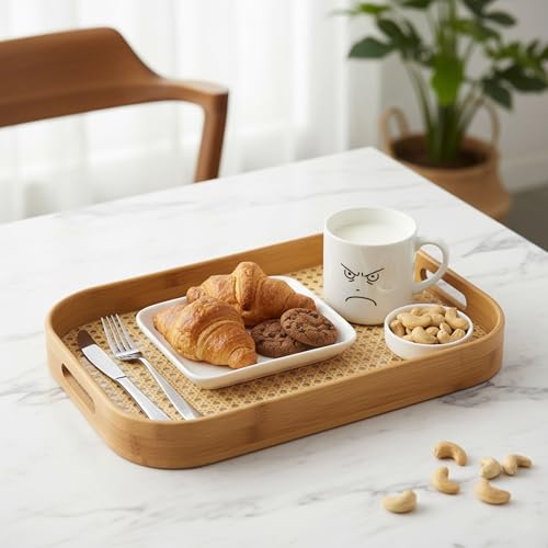 Image of Curated Cart Bamboo Serving Tray with Cut-Out Handles - Rattan Cane Woven Base - Eco-Friendly Rustic Tray for Coffee Table, Breakfast, Kitchen, Bathroom Decor - Lightweight, Durable - 33x22.5cm