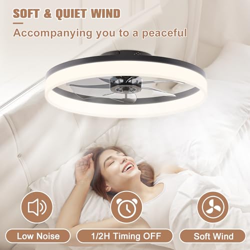 Image of VOLISUN Low Profile Ceiling Fan with Light and Remote, 23.6in Flush Mount, Dimmable LED Fan Light, Bladeless for Bedroom (Black)