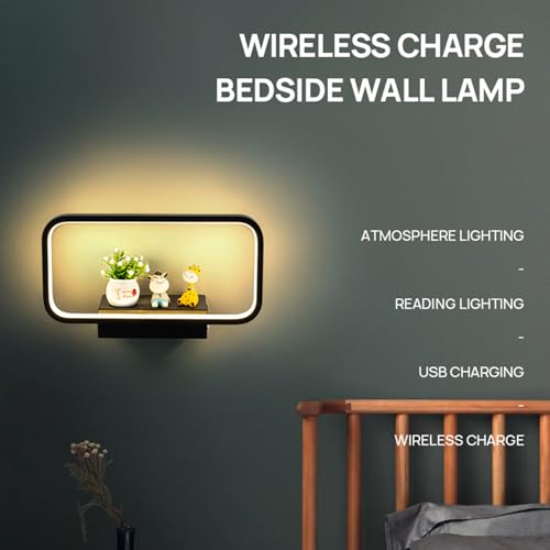 Lámpara de pared LED moderna negra con interruptor y puerto USB de carga 2